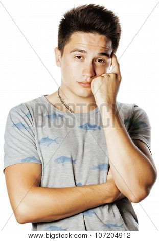 young attractive man isolated thinking emotional on white close up gesturing