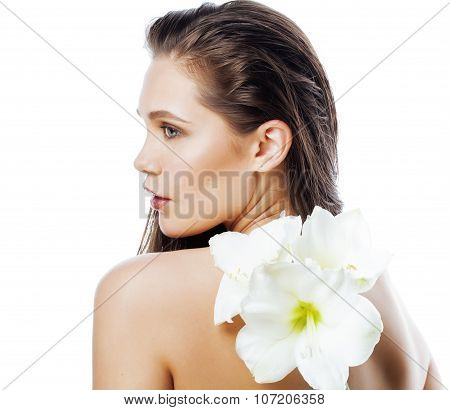 young pretty woman with  Amarilis flower close up isolated on white