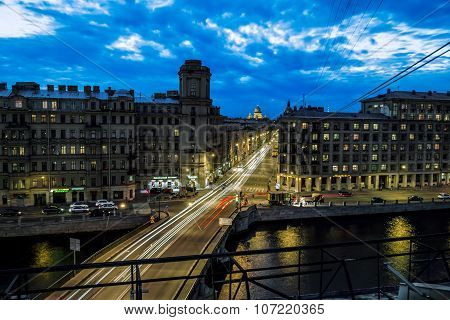 Izmailovskiy Avenue And The Bridge Across The Fontanka River In St. Petersburg. Russia
