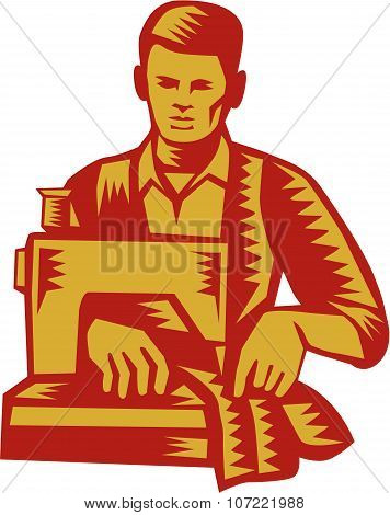 Tailor Sewing Machine Woodcut