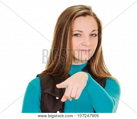 young woman pointing by indicating finger