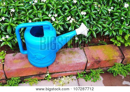 Blue water can/pot near white flowers in flowerbed with red brick border