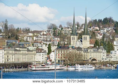 View to the church of St. Leodegar and Lucerne city in Lucerne, Switzerland.
