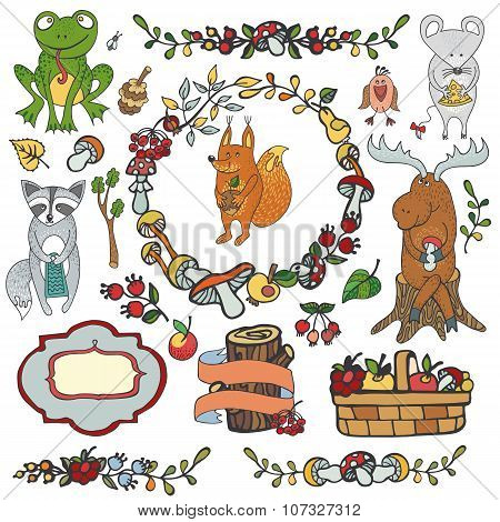 Wild animals ,decor elements.Woodland autumn doodles