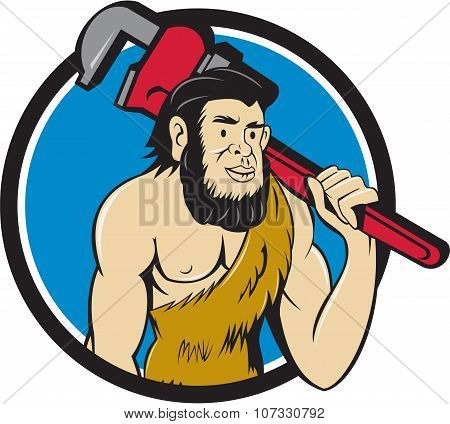 Neanderthal Caveman Plumber Monkey Wrench Circle Cartoon