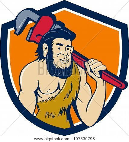 Neanderthal Caveman Plumber Monkey Wrench Shield Cartoon