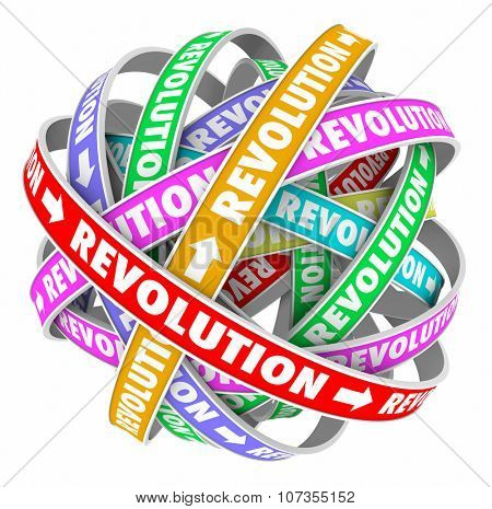 Revolution words on spiral patterns in an endless cycle to illustrate constant change and innovation