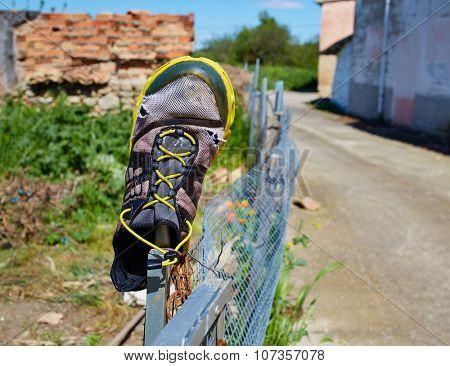 The Way of Saint James by Redecilla del Camino Castilla Burgos a pilgrim old shoe on the Way