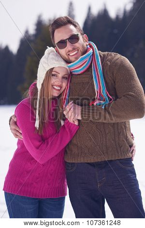 portrait of happy young romantic tourist  couple outdoor in nature at winter vacation