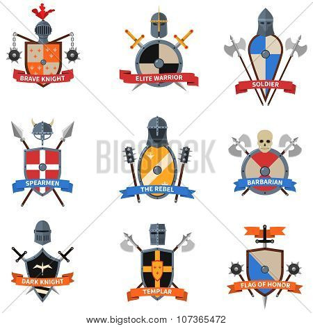 Medieval knights emblems flat icons set