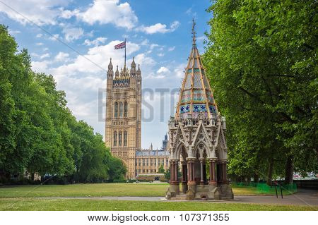 Victoria Tower (Houses of Parliament) and Buxton Memorial Fountain shot from Victoria Tower Gardens,