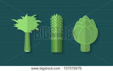 A Set Of Vegetables In A Flat Style - Celery, Asparagus And Artichoke