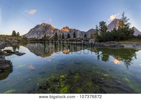 Limides Lake And Mount Lagazuoi Panorama. Dolomites
