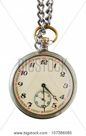 Old Pocket Watch On A Chain On A White Background