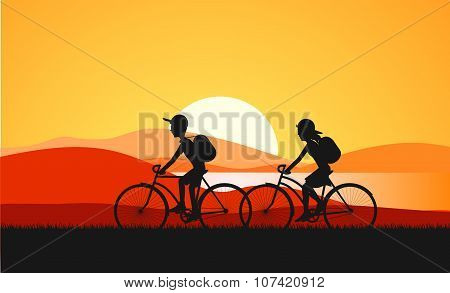 cycle tourism summer sunset illustration