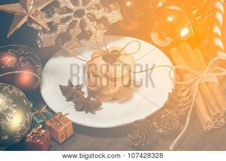 Selective Focus Of Christmas Cookies On The Dish  Made With Color Filters