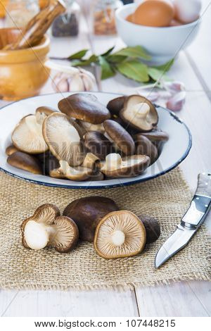King Tumpet Mushrooms On The Table Of The Kitchen