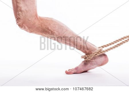 Rope Holding Human Leg Ailing Varicose Veins Of The Lower Extremities And Venous Thrombophlebitis An