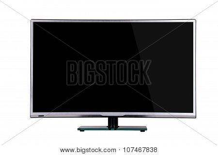 Modern Thin Plasma Lcd Tv On A Silver Black Glass Stand Isolated On A White Background