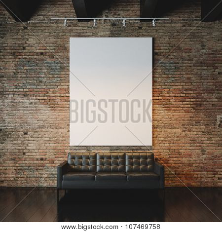 Photo of empty  canvas on the bricks wall background. 3d render
