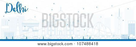 Outline Delhi skyline with blue landmarks. Business travel and tourism concept with historic buildings. Image for presentation, banner, placard and web site.