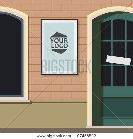 Mock up. Blank billboard in a frame on an outside wall. Shop sign