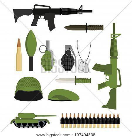 Set Of Icons For Weapons Of War. Military Units: Tank And Grenade. Soldiers Helmet And Green Beret.