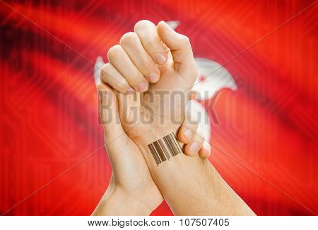Barcode Id Number On Wrist And National Flag On Background - Hong Kong