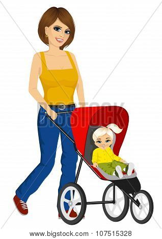 beautiful single mather pushing stroller