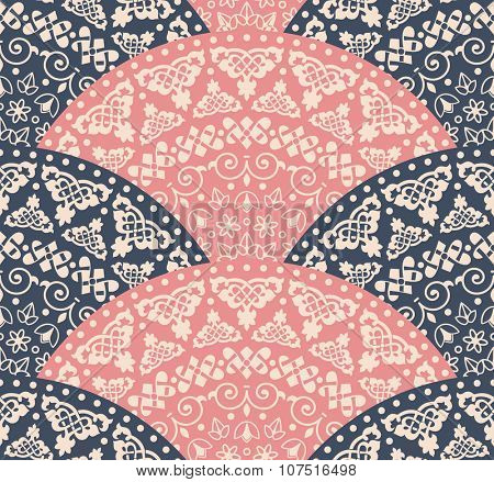 Vector abstract seamless geometric background from beige and black fan shaped ornate elements with ethnic patterns. Style mandala pattern in vintage design