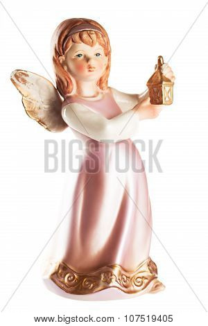 Figure Of A Little Angel With Lantern In Hands, Christmas Decoration, Isolated On White