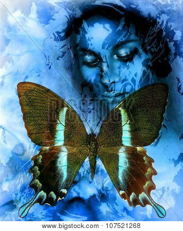Goodnes woman and  color butterfly, mixed medium, abstract color background.