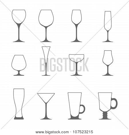 Vector Icon Set Of Utensil. Wine Beer Martini Whiskey Brandy Glasses.