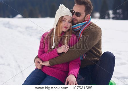 portrait of happy young romantic tourist  couple outdoor in nature at winter vacation