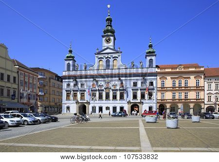 Architecture at the square in historic center of Ceske Budejovice.