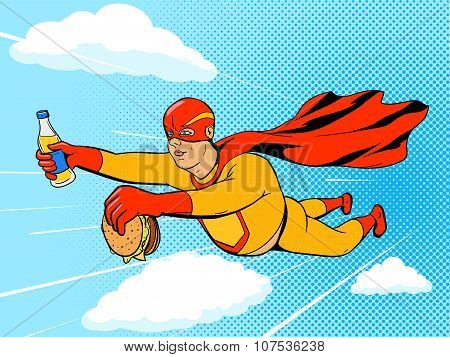 Superhero fat man and burger comic book vector