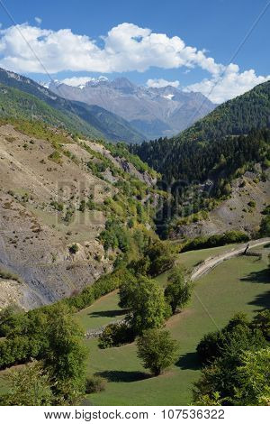 Mountain landscape. Sunny day. The village Kashveti. Zemo Svaneti, Georgia 