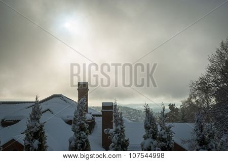 View Over Rooftops And Chimneys In Snow, Holmenkollen, Oslo, Norway