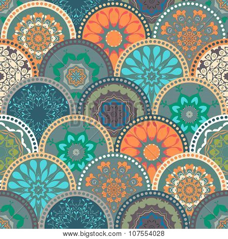 Seamless abstract pattern frame of trendy colored floral flower tile circles. For wallpaper, surface