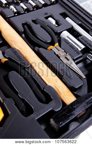 toolbox set of tools include hammer wrench bit driver pliers hex key bush level hex key