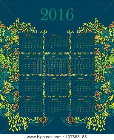 Calendar 2016 illustration vector template with green background with floral nature ornament leaves,
