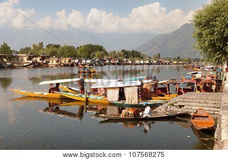 Shikara Boats On Dal Lake With Houseboats In Srinagar