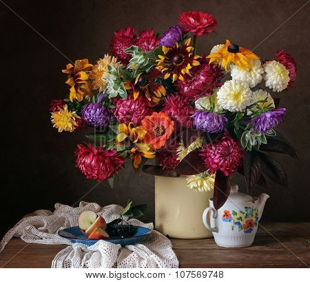 Still Life With A Beautiful Bouquet Of Country Flowers