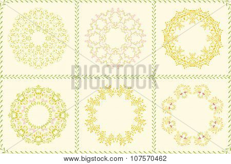 set of floral circle frames for flyers, brochures, templates design. Vintage cards with flower patte