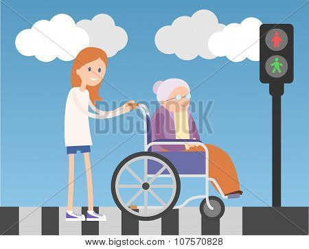 Kind girl helps old lady on wheelchair.