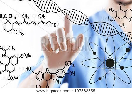 Young doctor working with drawing DNA molecule