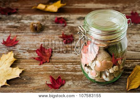 Concept Of Changing Seasons Summer In Jar In Rustic Setting
