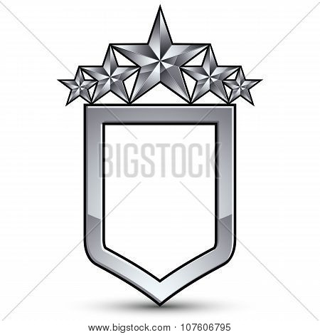 Festive Vector Emblem With Silver Outline And Five Pentagonal Stars, 3D Royal Conceptual Design Elem