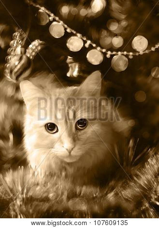 Cat among the Christmas decorations