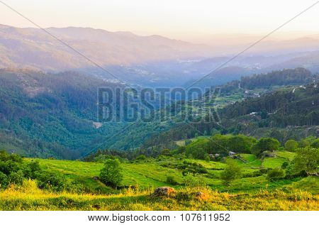 scenic view of sunset mountains at Peneda-Geres National Park in northern Portugal.